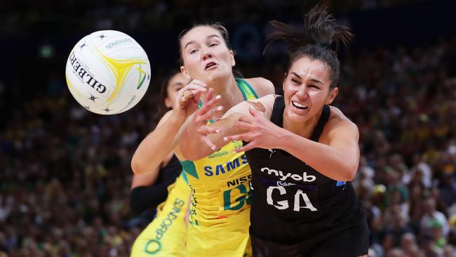 The battle between Diamonds defender Courtney Bruce and Ameliaranne Ekenasio of New Zealand will have to wait until the Commonwealth Games. Picture: Getty Images