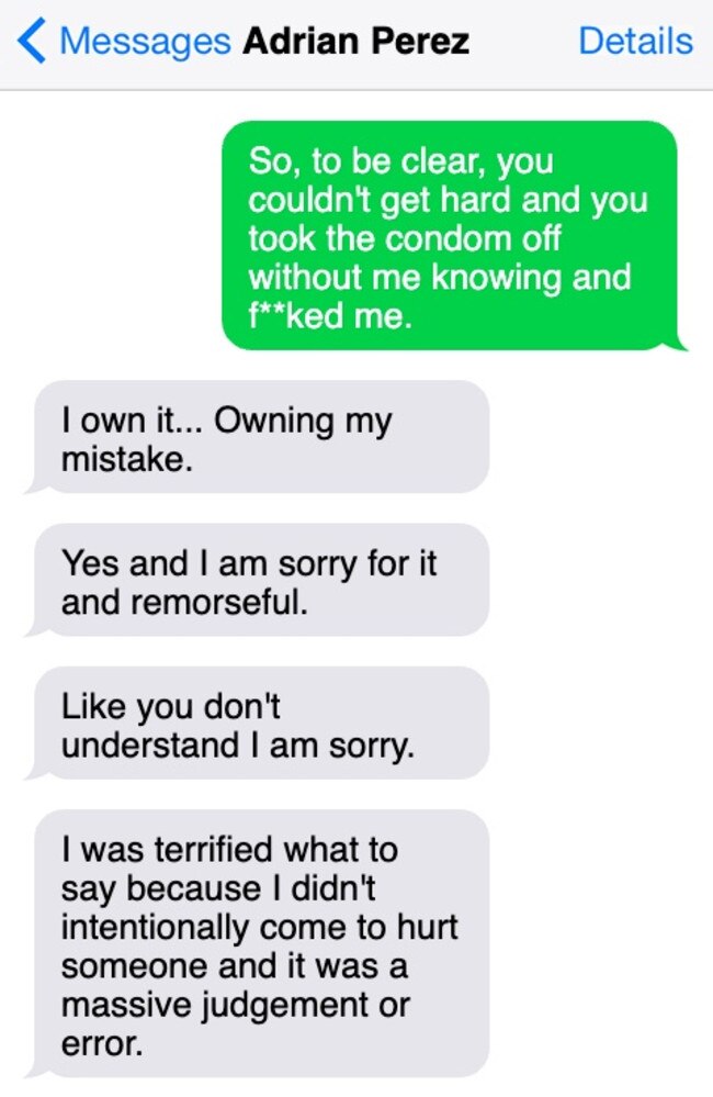 The final messages in the text exchange between the woman (green) and Adrian Perez.