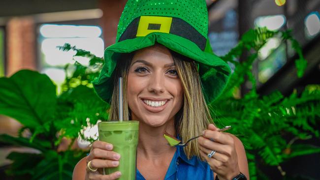 Nutrition Republic owner Nicole Sumracki with a green smoothie and mint cake ahead of St Patrick’s Day. Picture: AAP/Roy VanDerVegt