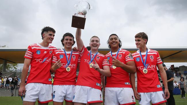 Dragons celebrate win in the Laurie Daley SLE Cup Grand Final - Colts v Illawarra south coast Dragons Woy Woy Oval 25thMarch 2023 pic Sue Graham