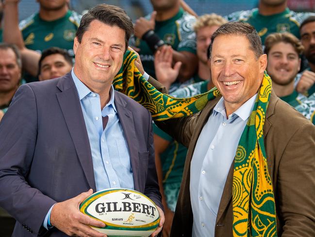 Rugby Australia chairman Hamish McLennan and executive director, Rugby World Cup 2027 bid, Phil Kearns with the Wallabies at ANZ Stadium. Photo: Stuart Walmsley / Rugby Australia