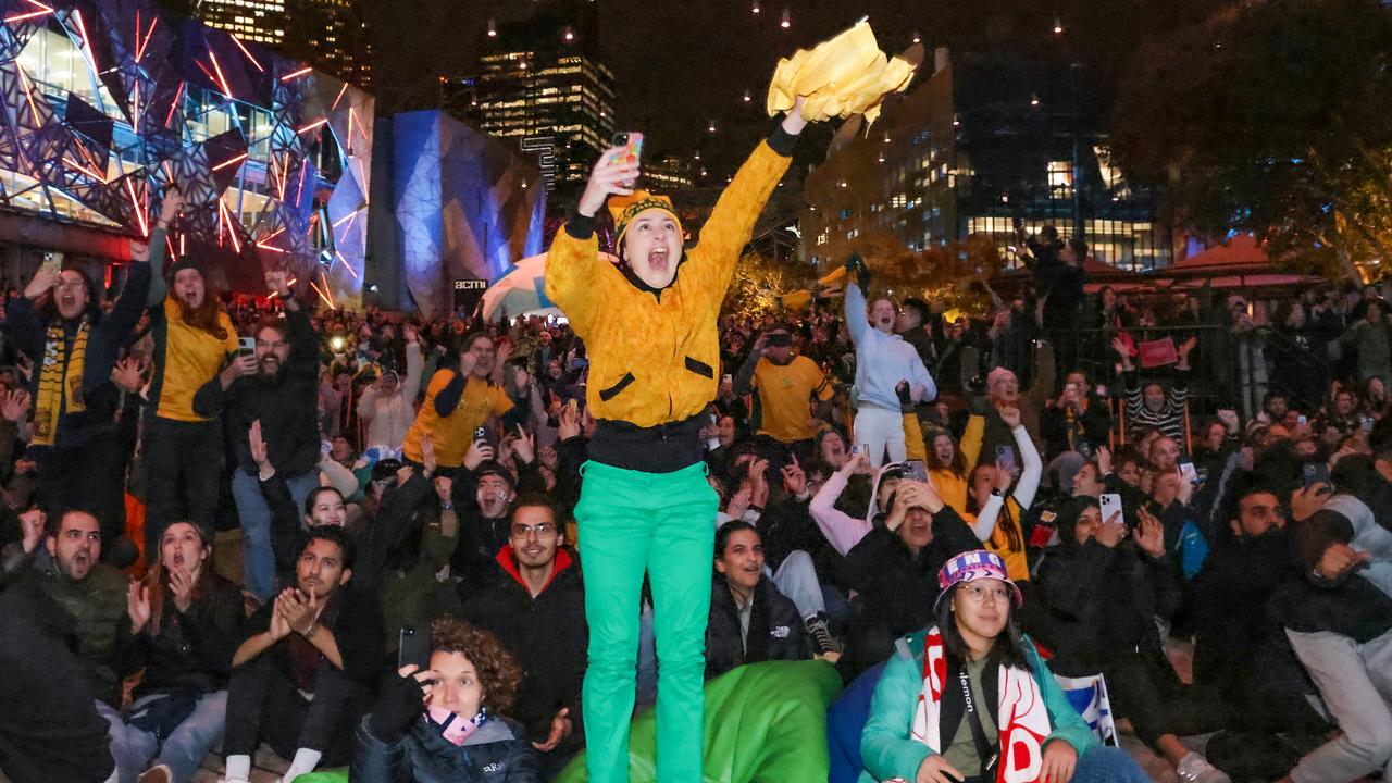 Matildas fans gather in Federation Square as the Matildas progress to the round of 16. Picture: Ian Currie