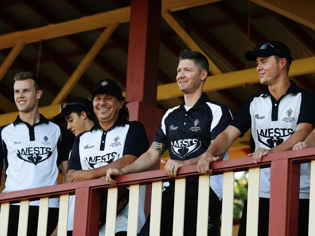 Michael Clarke ahead of his return to cricket with his Wests team mates at Pratten Park in Ashfield. Picture: Brett Costello