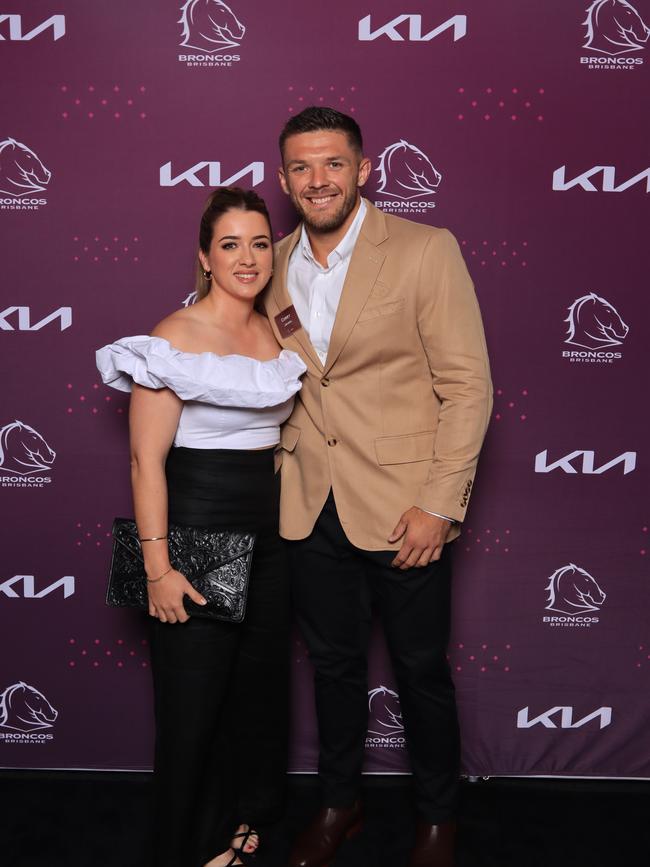 Corey and Shannen Jensen at the Brisbane Broncos’ season launch at Water’s Edge, Hamilton. Picture: David Clark