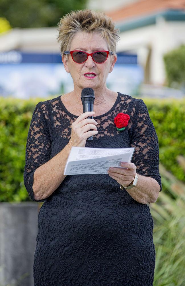 Gold Coast Centre Against Sexual Violence director Di MacLeod talking at the Red Rose Rally in memory of Kelly Wilkinson and Lordy Ramadan. Picture: Jerad Williams