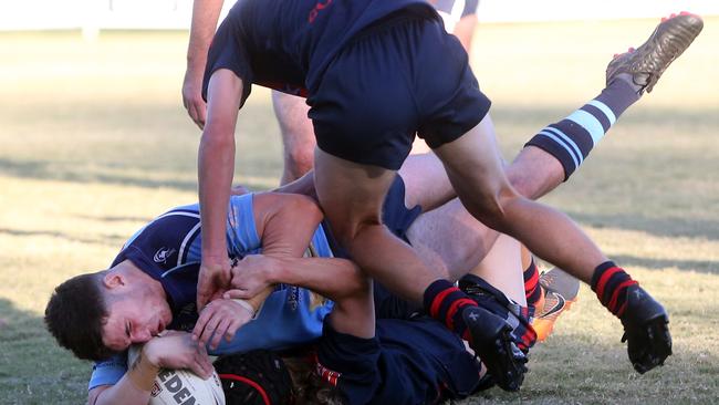 Titans Schools League rugby league clash between Aquinas (Red/Black) vs. Marymount (Blue) at Southport Tigers Rugby League Club. Henry Mellick scores a try. 24 May 2021 Southport Picture Richard Gosling