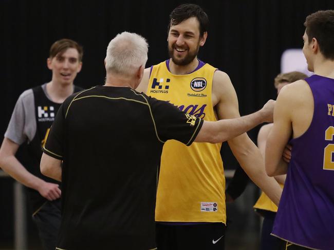 Andrew Bogut and Andrew Gaze share a laugh. Picture: Brett Costello