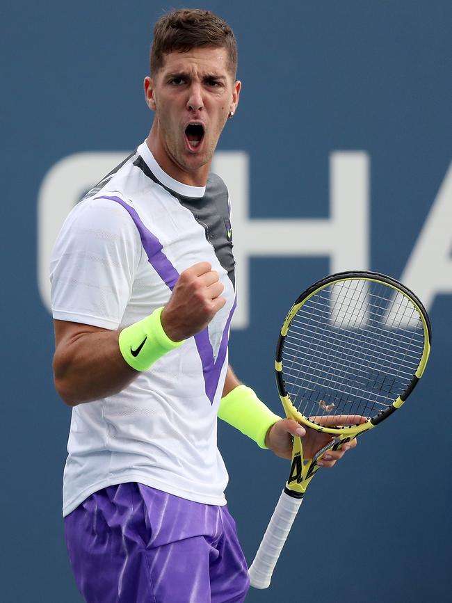 Thanasi Kokkinakis on the way to victory today. Picture: Getty Images