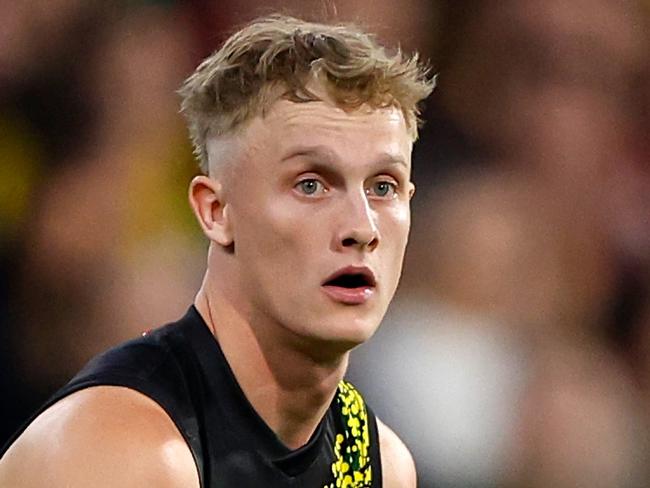 MELBOURNE, AUSTRALIA - APRIL 24: Noah Cumberland of the Tigers looks on during the 2023 AFL Round 06 match between the Melbourne Demons and the Richmond Tigers at the Melbourne Cricket Ground on April 24, 2023 in Melbourne, Australia. (Photo by Dylan Burns/AFL Photos via Getty Images)