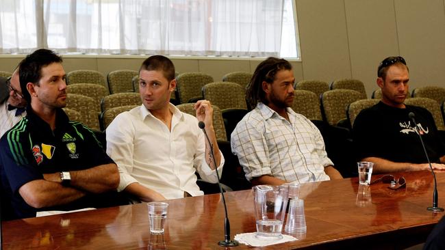 Ricky Ponting, Michael Clarke, Andrew Symonds and Matthew Hayden are seen at the appeal hearing against a three-match ban imposed on Indian cricketer Harbhajan Singh by the ICC. (Photo by Robert Cianflone/Getty Images)