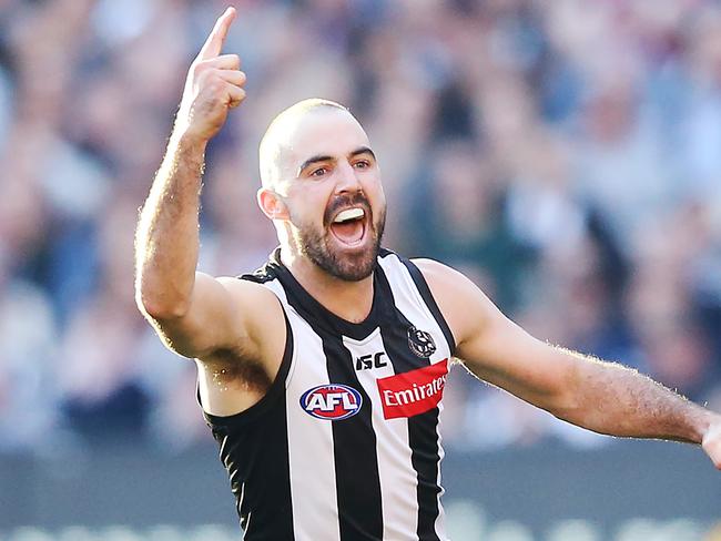 MELBOURNE, AUSTRALIA - MAY 18: Steele Sidebottom of the Magpies celebrates a goal during the round nine AFL match between the Collingwood Magpies and the St Kilda Saints at Melbourne Cricket Ground on May 18, 2019 in Melbourne, Australia. (Photo by Michael Dodge/Getty Images)