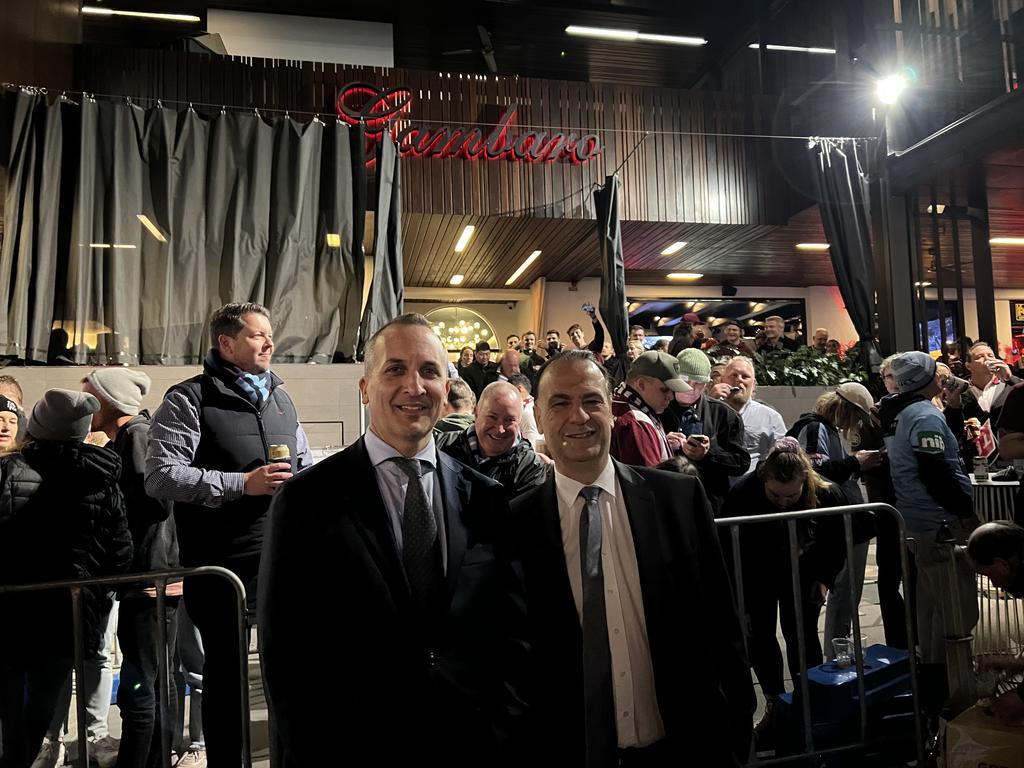 Peter V’landys and Andrew Abdo outside the Gambaros hotel and restaurant