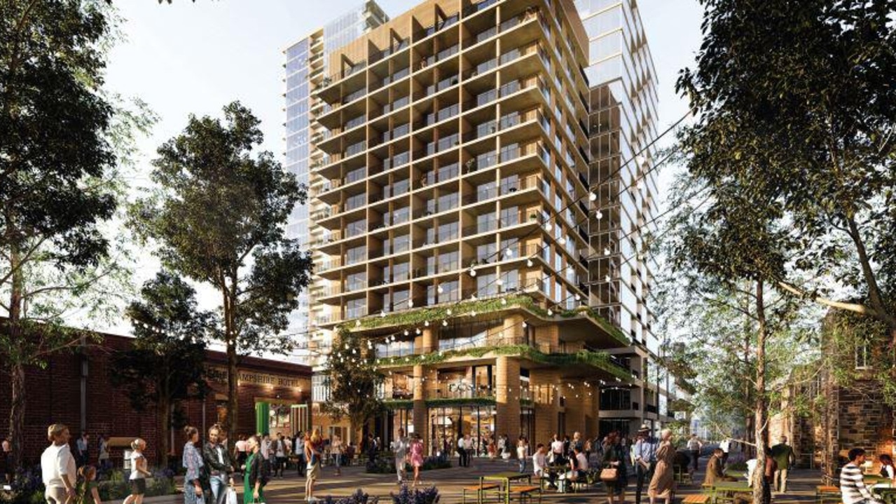 Artist impression of the state government's plan to build a 392 apartment community at the Franklin St bus station site.