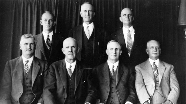 Key Bingera Sugar Mill employees in 1938 (back from left) chemist Jack Davidson, cane inspector Arnold Bourke, company secretary Ray T Smith, (front from left) engineer Bill Stoward, WGG Gibson, Dr Arthur Gibson and ALG (Alf) Gibson. Photo: John Oxley Library, State Library of Queensland Neg: 91080