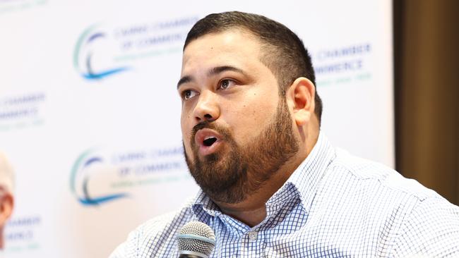 Katter's Autralian Party candidate for Mulgrave Steven Lesina participates in a Q&A session at the 2024 Meet the Candidates: State Election Forum Lunch, hosted by the Cairns Chamber of Commerce and Tourism Tropical North Queensland at the Pullman Reef Hotel Casino. Picture: Brendan Radke