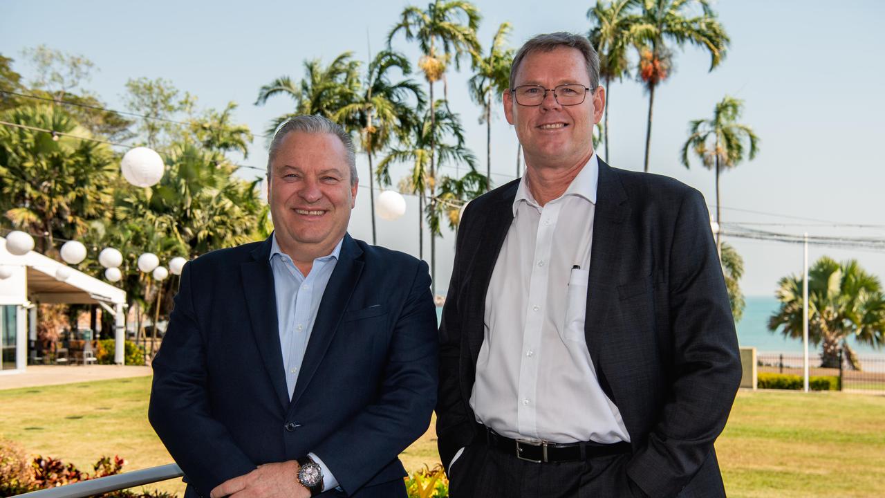 Darwin Turf Club chairperson Craig Trezise and Mindil Beach Casino Resort general manager Sean Knights announce the Gala Ball will return to the Casino for 2024. Picture: Pema Tamang Pakhrin