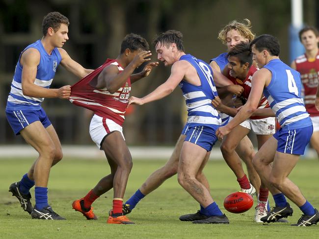 Charlie Kirchner, pictured in blue in number eight earlier this month, was huge for St Peter’s on Saturday. Picture: AAP/Dean Martin