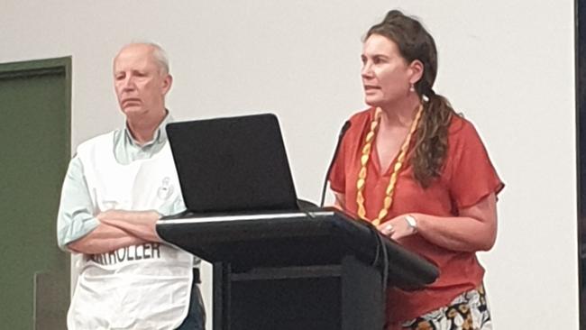 Blue Mountains state Labor MP and Lawson resident Trish Doyle with deputy incident controller David Crust at last night’s Lawson community fire meeting. Picture: Isabell Petrinic