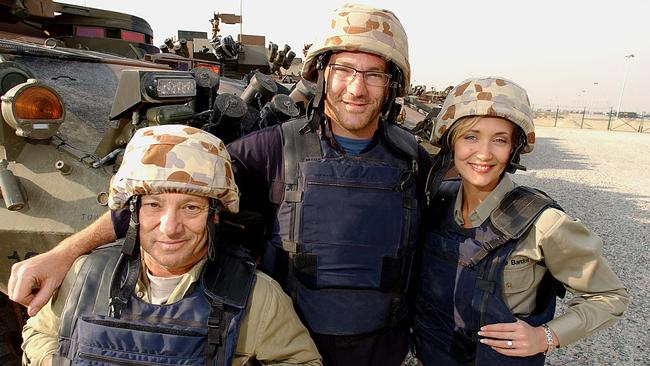 Angry Anderson on one of the Tour de Force concerts for soldiers in the Middle East with comedian Anthony ‘Lehmo’ Lehmann and Bessie Bardot at Australian Army camp in Southern Iraq in 2005.