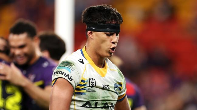 BRISBANE, AUSTRALIA - MAY 19: Blaize Talagi of the Eels looks dejected during the round 11 NRL match between Melbourne Storm and Parramatta Eels at Suncorp Stadium, on May 19, 2024, in Brisbane, Australia. (Photo by Hannah Peters/Getty Images)