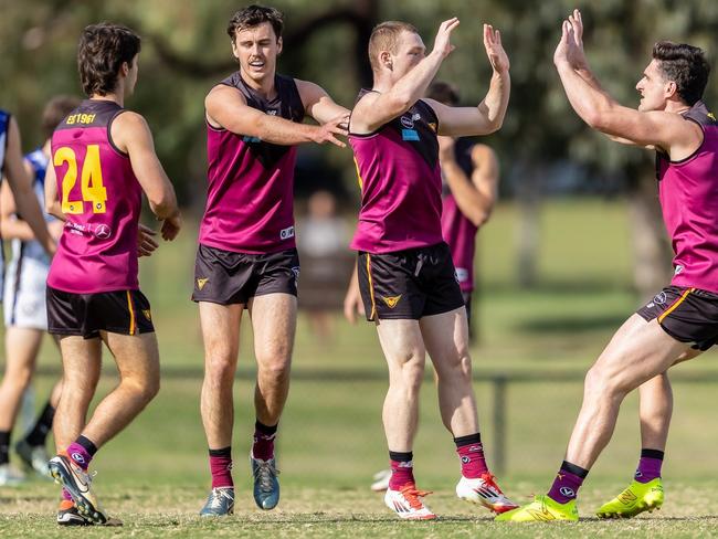Old Haileybury small forward Andreas Stefanakis celebrates a goal with teammates during the 2025 VAFA season. Picture: VAFA Media.
