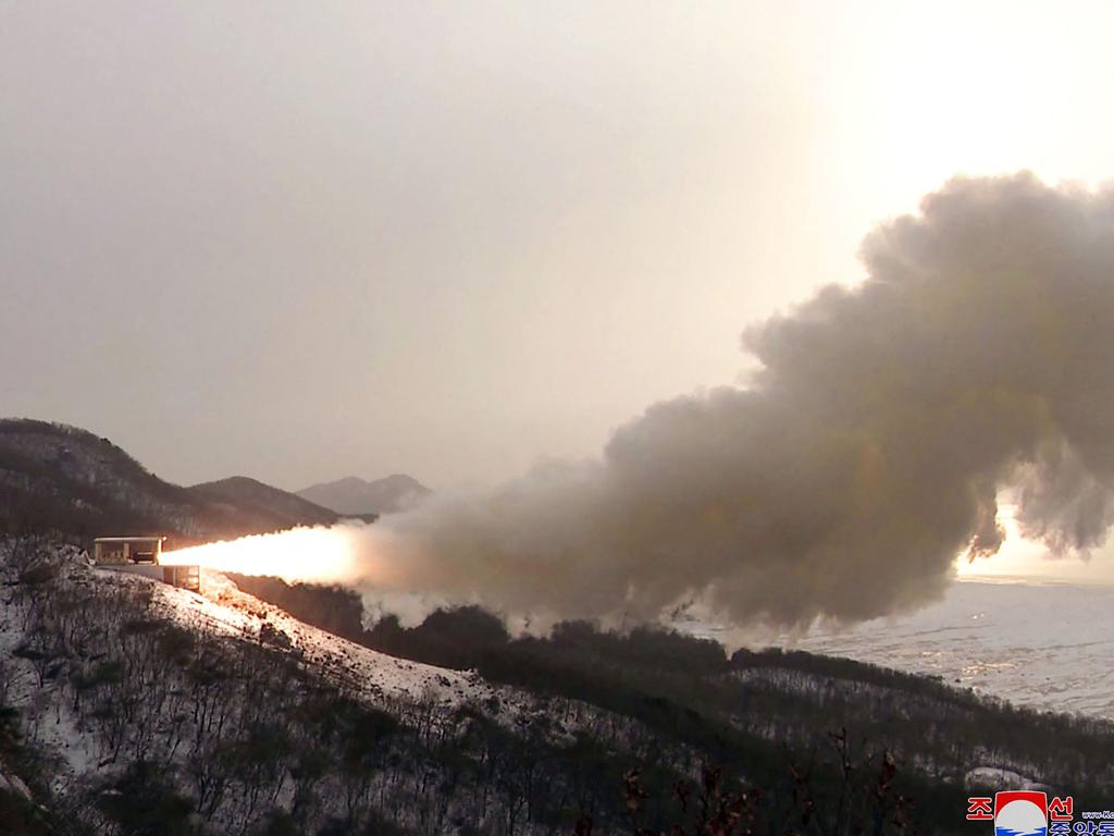 A high-power solid fuel engine test conducted at the Saikai satellite launch site in South Pyongan Province. Picture: AFP