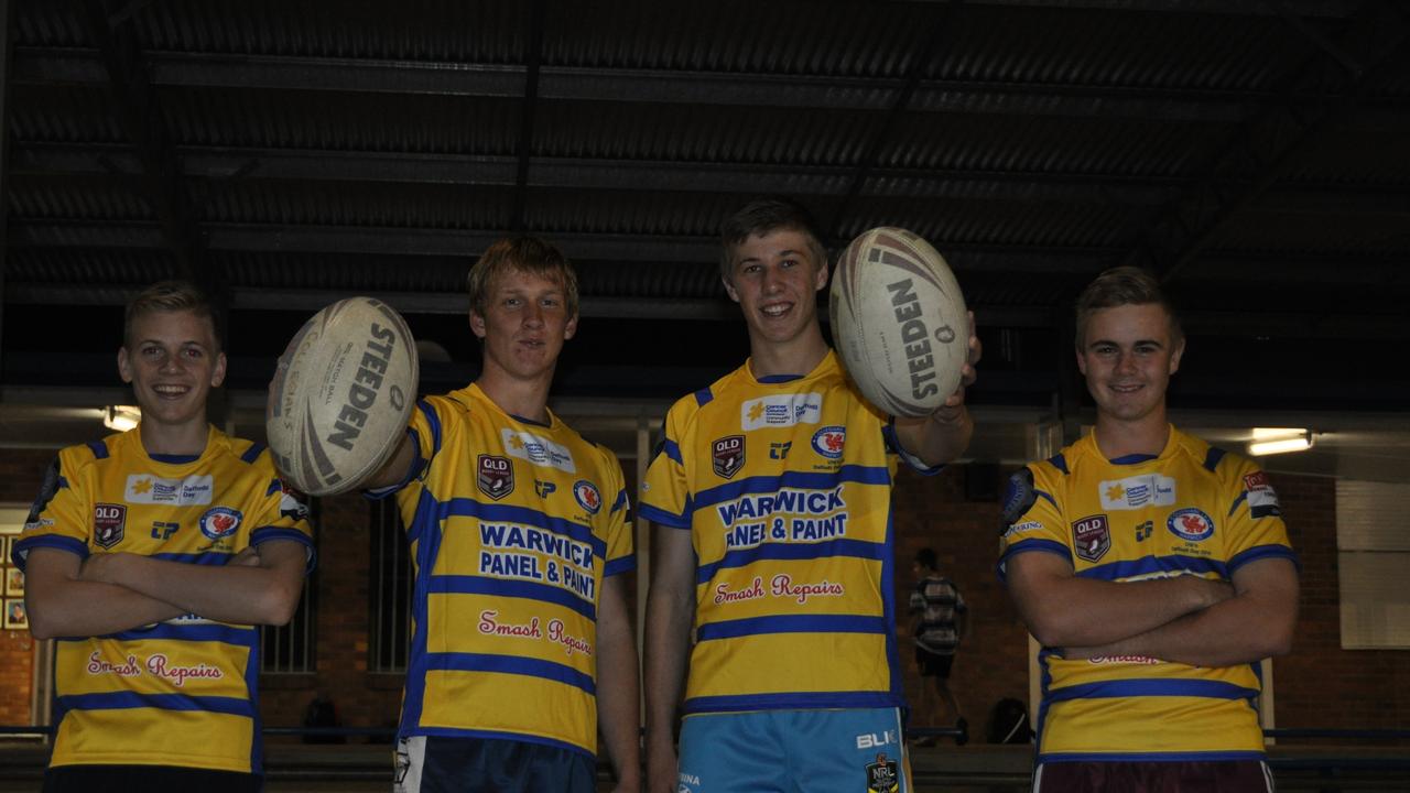 Mitch Watson, Matthew Whittaker, Will Dearden and Greg Hoffman show off the Collegians under-16 side's Daffodil Day jerseys ahead of tomorrow. Photo Michael Cormack / Warwick Daily News