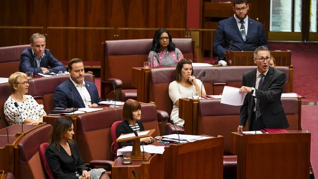 Greens leader Richard Di Natale speaks during the medivac debate in the Senate chamber at Parliament House.