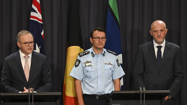 Anthony Albanese, AFP Commissioner Reece Kershaw and ASIO director-general Mike Burgess at a press conference in Parliament House earlier this year. Picture: Martin Ollman / NewsWire