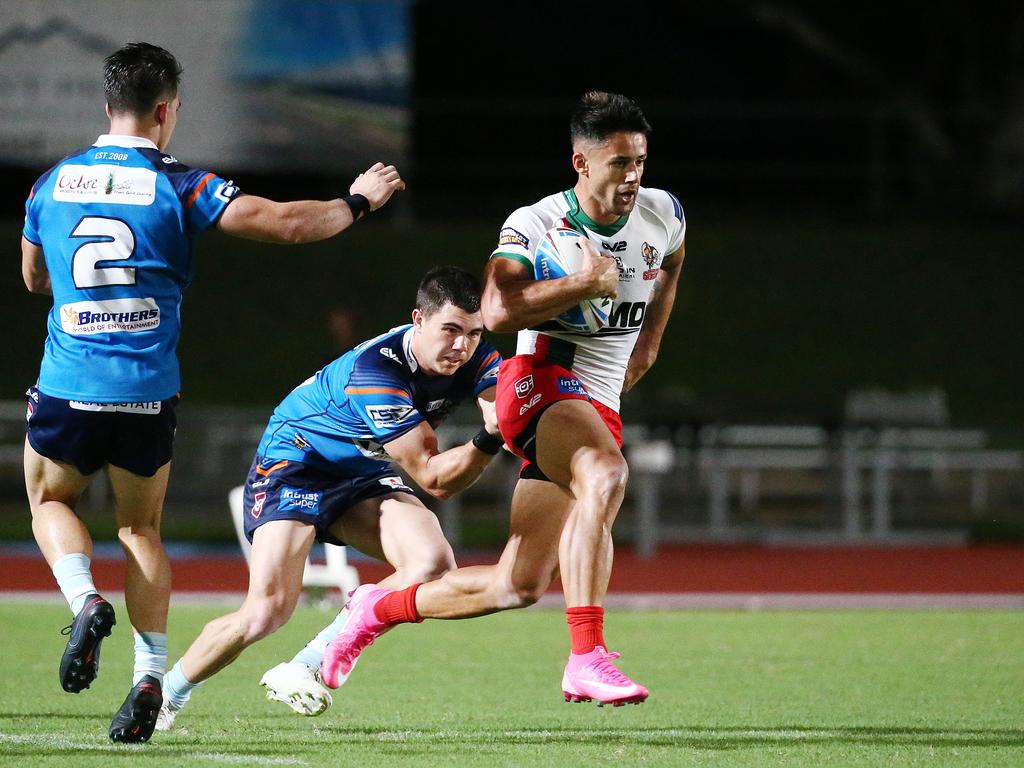 Seagulls' Jesse Arthars breaks through a weak Pride defensive line in the QRL ISC rugby league match between the Northern Pride and the Wynnum Manly Seagulls, held at Barlow Park. Picture: Brendan Radke