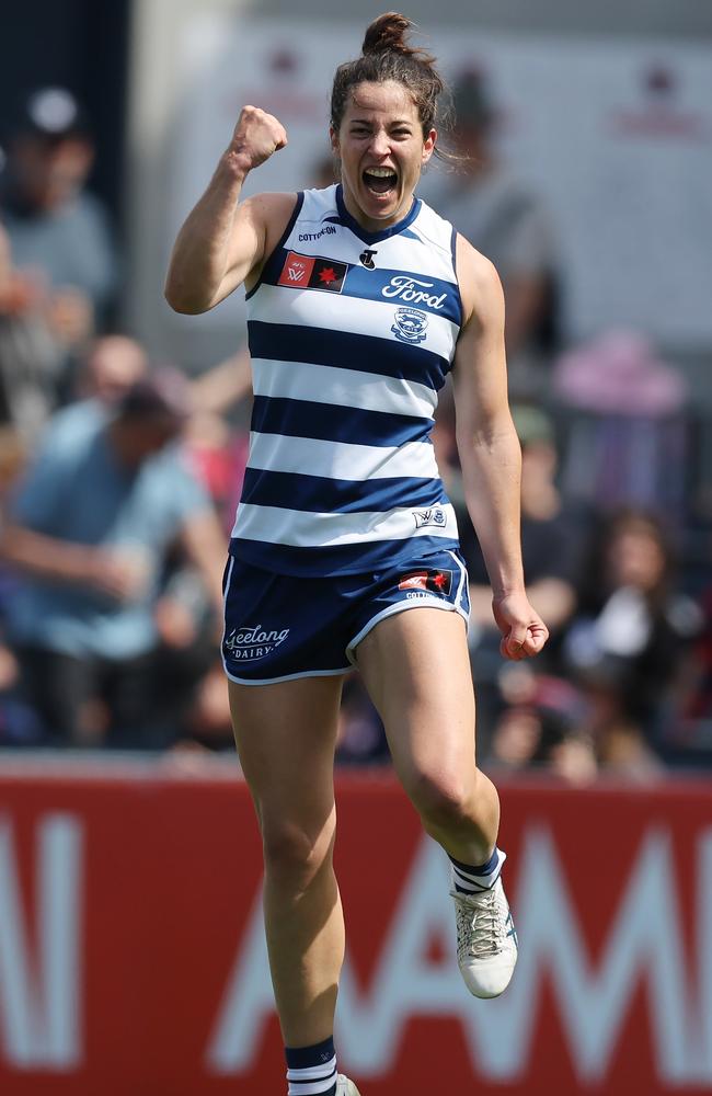 Jacqueline Parry celebrates a goal for the Cats. Picture: Michael Klein