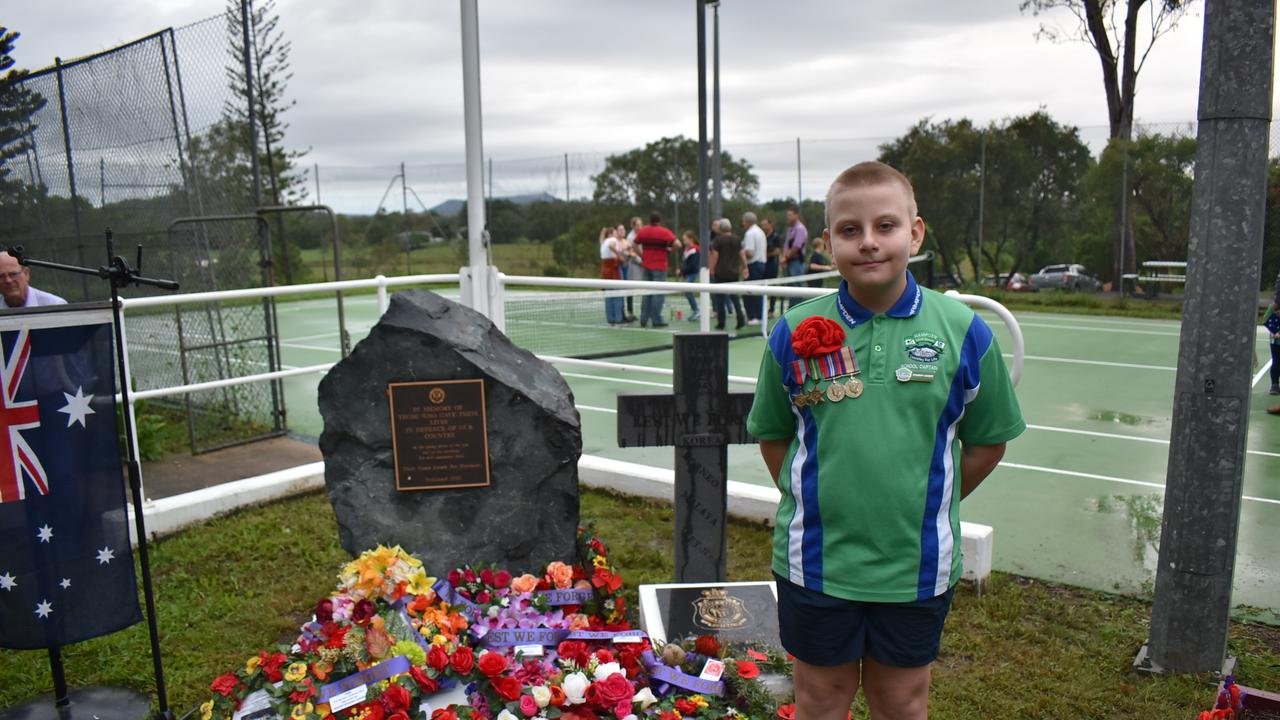 School student Jack Stephen at the Kuttabul dawn service at the Hampden State School Remembrance Garden 2021. Picture: Lillian Watkins