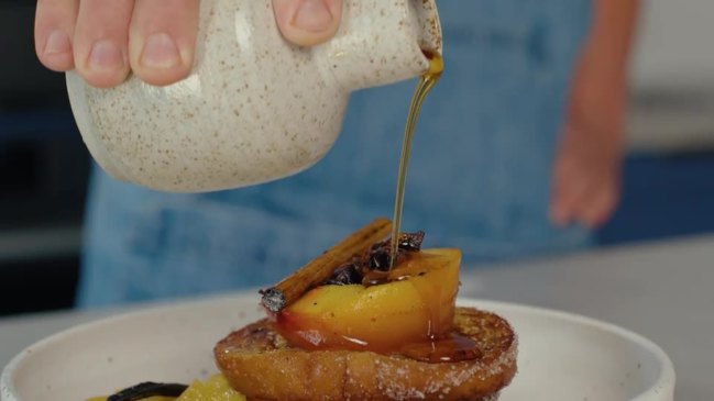 French toast with vanilla & cinnamon poached peaches, mascarpone and agave syrup recipe