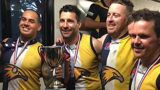 Russell Robertson celebrates Doveton's Southern Football Netball League Division 3 premiership last year.