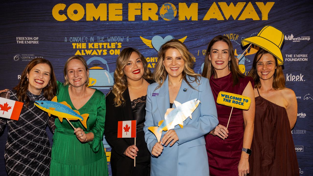 At the opening night function for The Empire's Come From Away are (from left) Victoria Winter, Sarah Perrott, Kate Rule, Giuliana Bonel, Kat Keogh and Libby Barke at The Rock, Friday, March 14, 2025. Picture: Hey Media