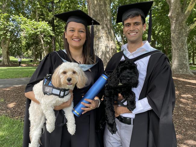 Ahana Kumar (Master of Management) and Himanshu Sharma (Master of Management Finance) graduate at the 2024 University of Melbourne graduations. Picture: Himangi Singh