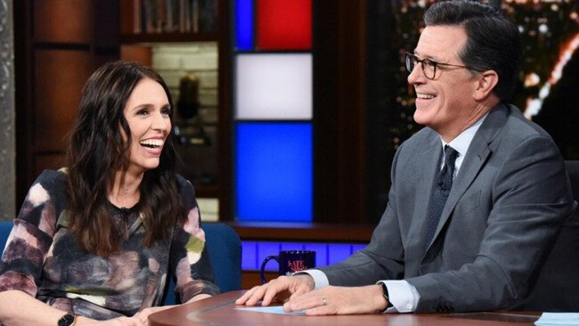 New Zealand Prime Minister Jacinda Ardern appears on The Late Show with Stephen Colbert. Picture: CBS