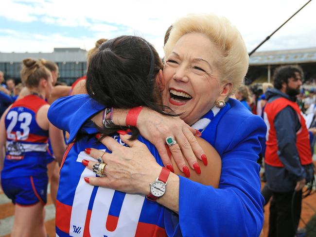 2018 NAB AFL WomenÕs Grand Final between the Western Bulldogs and the Brisbane Lions at Ikon Park, Melbourne. Susan Alberti and Kate Brennan celebrate the win. Picture: Mark Stewart