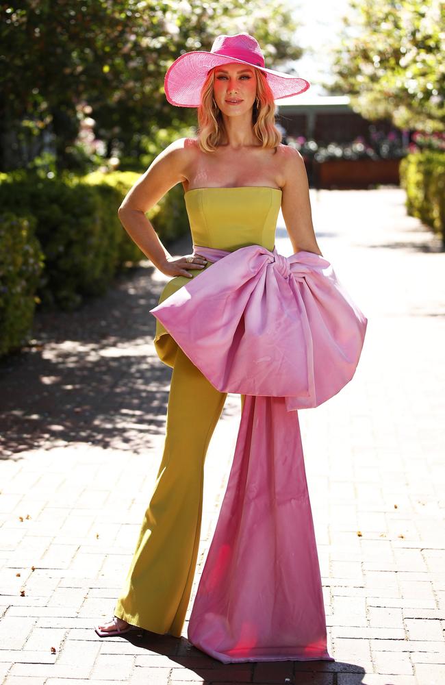 Earlier in the day she rocked a colourful jumpsuit with giant pink bow on her hip. Picture: Daniel Pockett/Getty Images