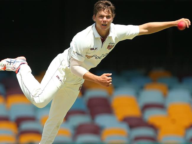 BRISBANE, AUSTRALIA - MARCH 06: Mitchell Swepson of Queensland bowls during day two of the Sheffield Shield match between Queensland and Victoria at The Gabba on March 6, 2016 in Brisbane, Australia. (Photo by Chris Hyde/Getty Images)