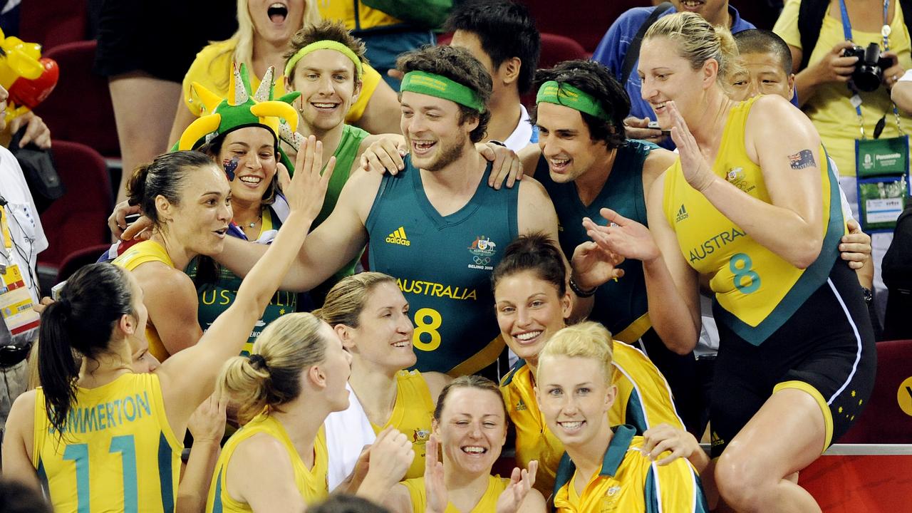 Hamish and Andy with the Opals at the olympics. Picture: Colleen Petch