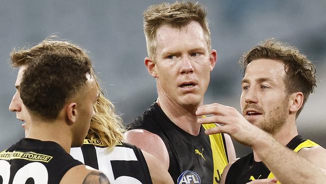 MELBOURNE, AUSTRALIA - AUGUST 07: Jack Riewoldt of the Tigers (C) celebrates a goal during the round 21 AFL match between Richmond Tigers and North Melbourne Kangaroos at Melbourne Cricket Ground on August 07, 2021 in Melbourne, Australia. (Photo by Daniel Pockett/AFL Photos/via Getty Images)