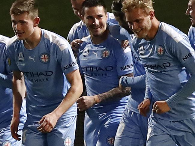 SYDNEY, AUSTRALIA - AUGUST 19: Jamie MacLaren of Melbourne City scores during the round 27 A-League match between Western United and Melbourne City at Netstrata Jubilee Stadium on August 19, 2020 in Sydney, Australia. (Photo by Ryan Pierse/Getty Images)