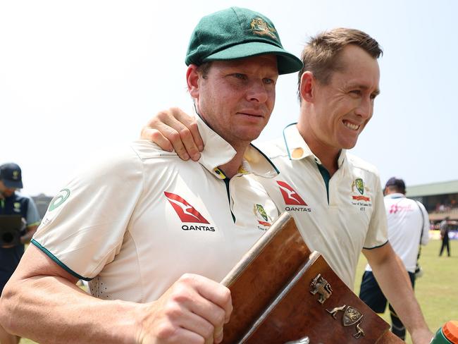 GALLE, SRI LANKA - FEBRUARY 09: Steve Smith and Marnus Labuschagne of Australia are seen with the WarneÃ¢â¬âMuralitharan Trophy after Australia defeated Sri Lanka to wi. the series during day four of the Second Test match in the series between Sri Lanka and Australia at Galle International Stadium on February 09, 2025 in Galle, Sri Lanka. (Photo by Robert Cianflone/Getty Images)