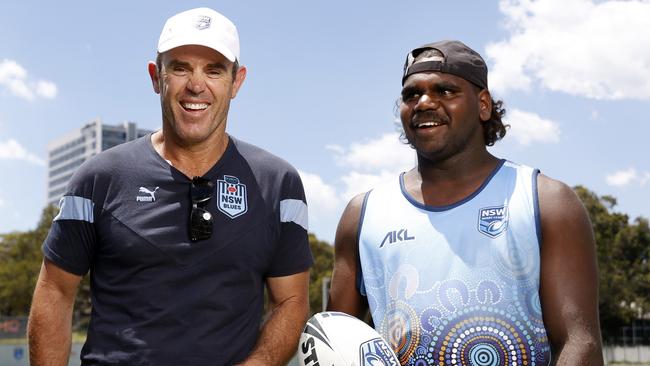 Former NSW Blues coach Brad Fittler (left) Tashiem Abbott, who travelled by camel from Alice Springs to Taree to visit family before attending a camp. Picture: Jonathan Ng