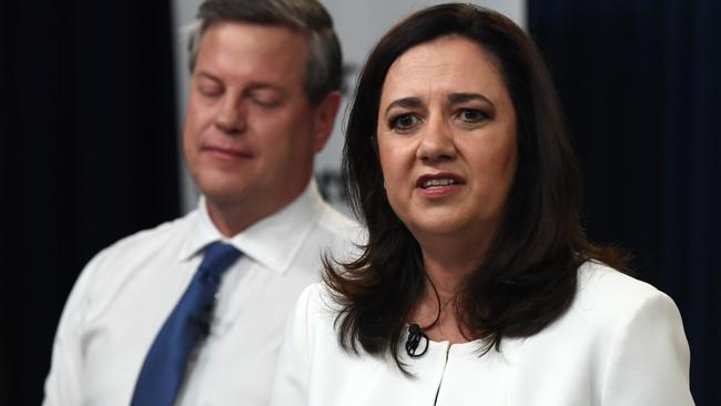 Queensland Premier Annastacia Palaszczuk (right) and Leader of the Opposition Tim Nicholls are seen during 'The People's Forum' leaders debate at the Broncos Leagues Club, Brisbane, Thursday, November 16, 2017. Queenslanders will go to the polls on November 25. (AAP Image/Dan Peled) NO ARCHIVING