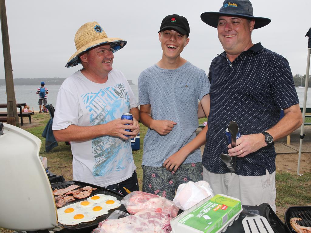 L-r Richmond locals Jeff Godsell ,Ryan Jackson &amp; Gary Jackson start up at Balmoral beach on Australia Day they are expecting 20 or so of their friends to join them. Picture: John Grainger