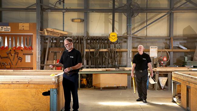 TAFE team leader for carpentry Greg O'Neill and team leader for electro technology Lee Wilton at the carpentry workshop at TAFE Nirimba campus in Quakers Hill. Picture: Carmela Roche