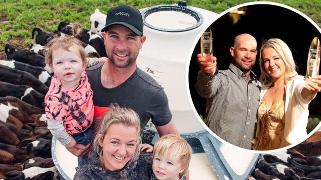 Nicole and Brendan Saunders on their Maffra dairy farm with their children Jaxson and Kara, and with their award at last year’s presentation. Picture: Laura Ferguson