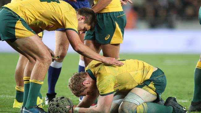 David Pocock after he had his neck rolled against the All Blacks in Auckland. Picture: AAP